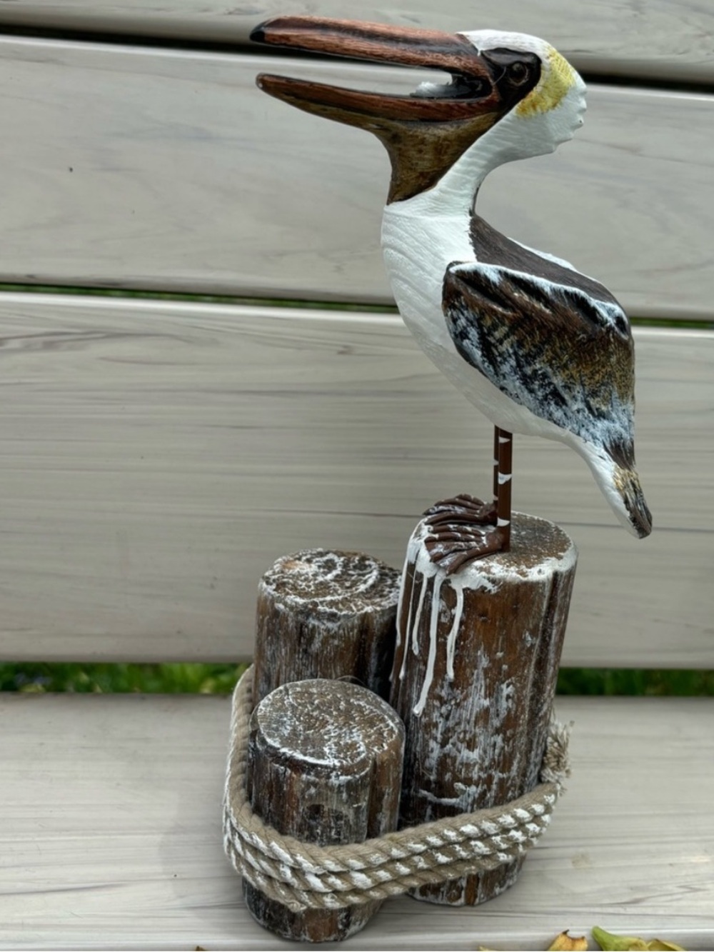 Nautical Wooden Pelican Statue Tabletop Coastal Beach Decor 10” Hand Painted